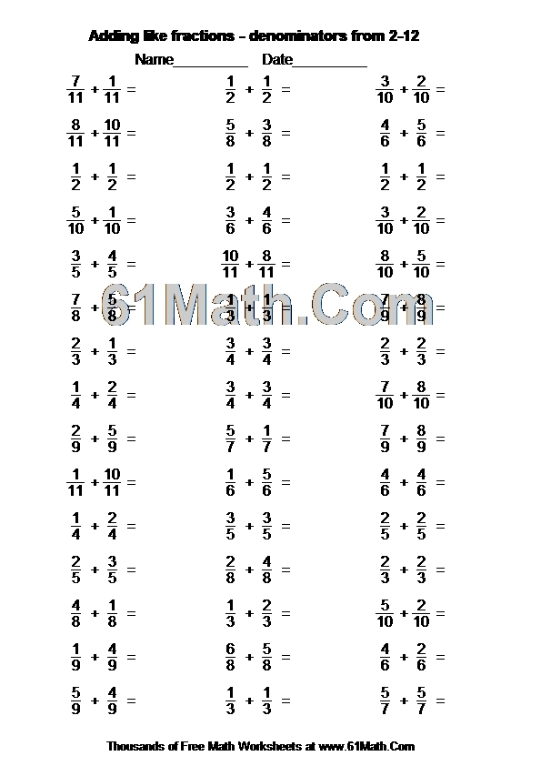 Adding like fractions - denominators from 2-12