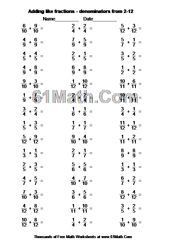 Adding like fractions - denominators from 2-12