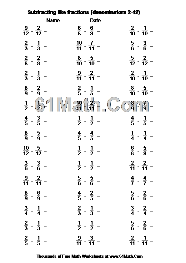 Subtracting like fractions (denominators 2-12)