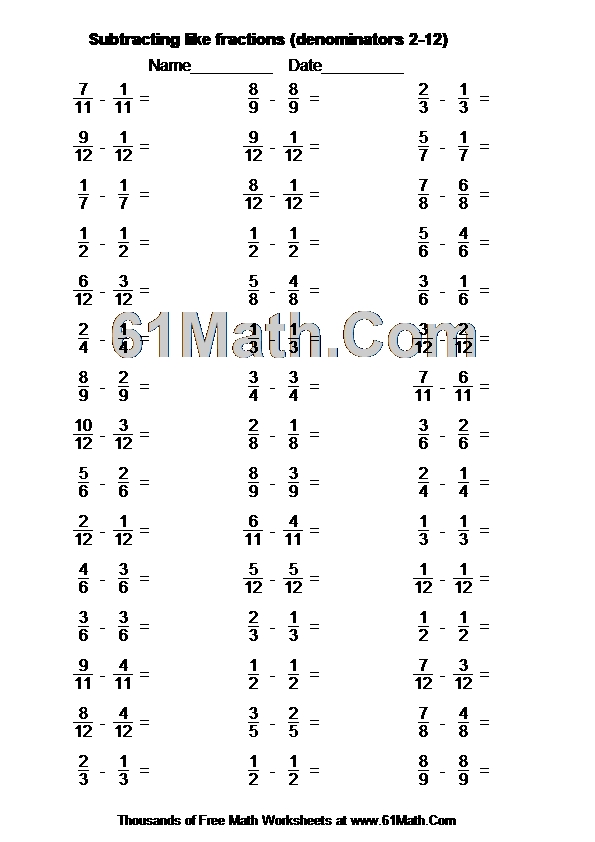 Subtracting like fractions (denominators 2-12)