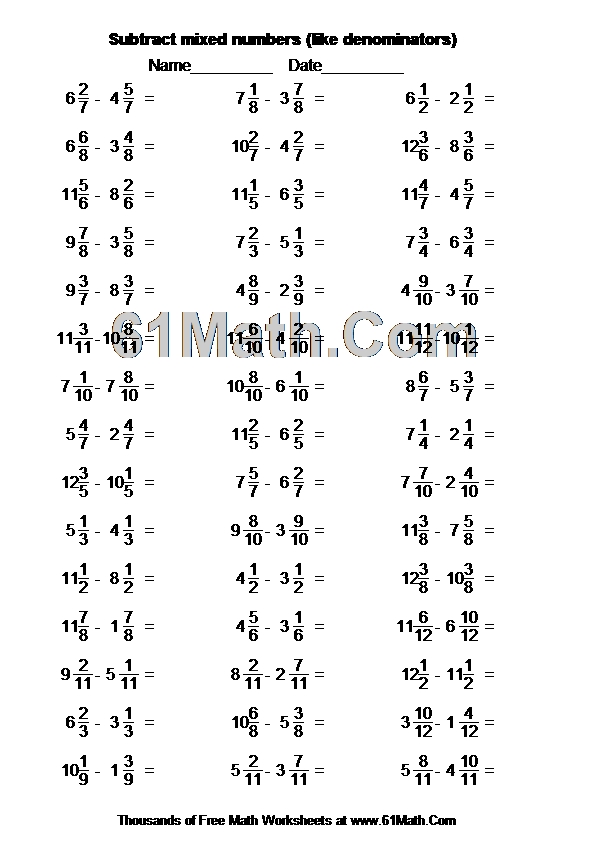 Subtract mixed numbers (like denominators)