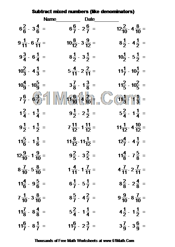 Subtract mixed numbers (like denominators)