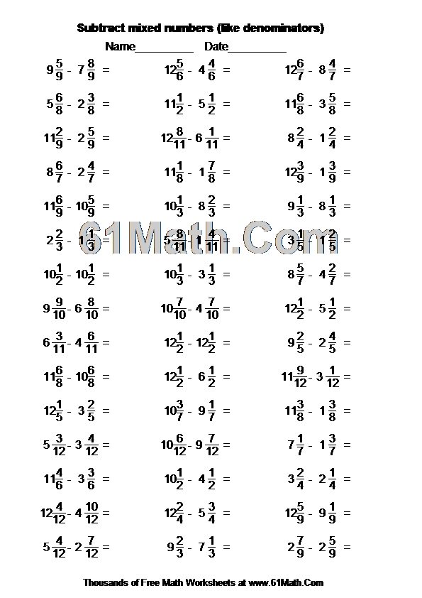Subtract mixed numbers (like denominators)