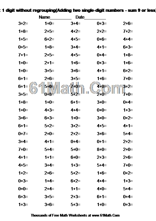 Addition: 1 digit without regrouping(Adding two single-digit numbers - sum 9 or less)