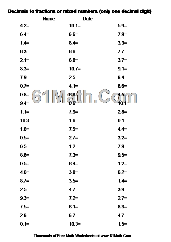 Decimals to fractions or mixed numbers (only one decimal digit)