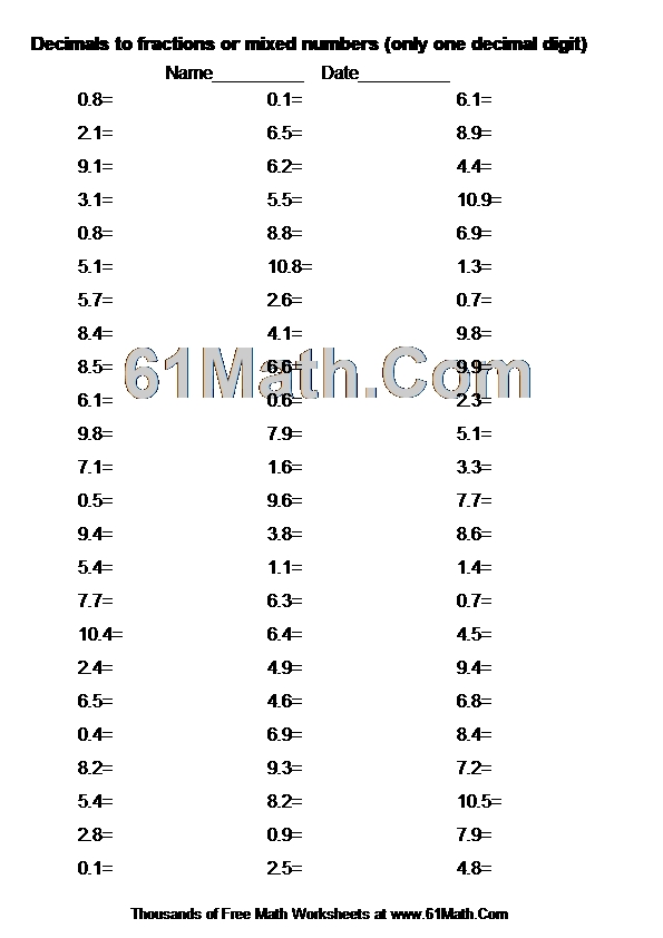 Decimals to fractions or mixed numbers (only one decimal digit)