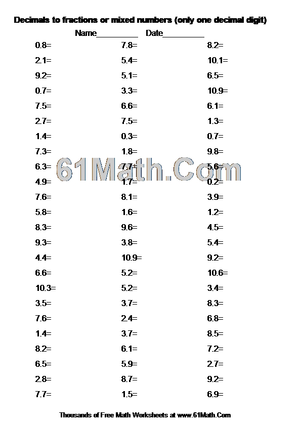 Decimals to fractions or mixed numbers (only one decimal digit)