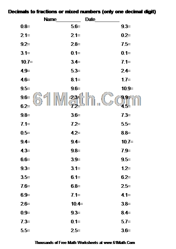 Decimals to fractions or mixed numbers (only one decimal digit)