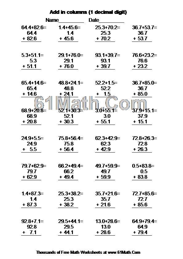 Add in columns (1 decimal digit)