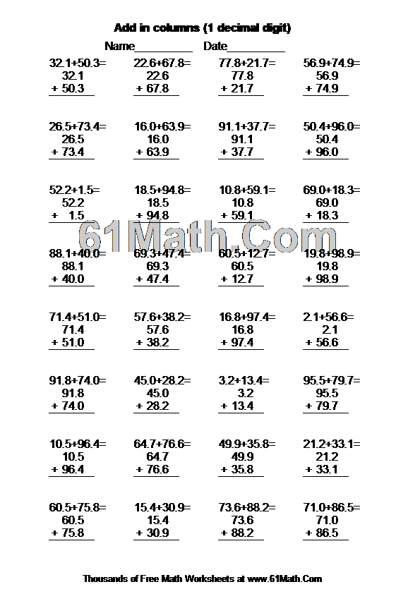 Add in columns (1 decimal digit)