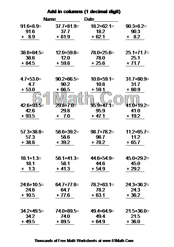 Add in columns (1 decimal digit)