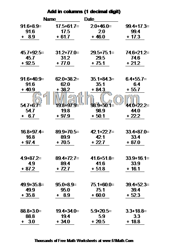 Add in columns (1 decimal digit)