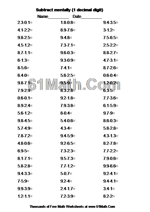 Subtract mentally (1 decimal digit)