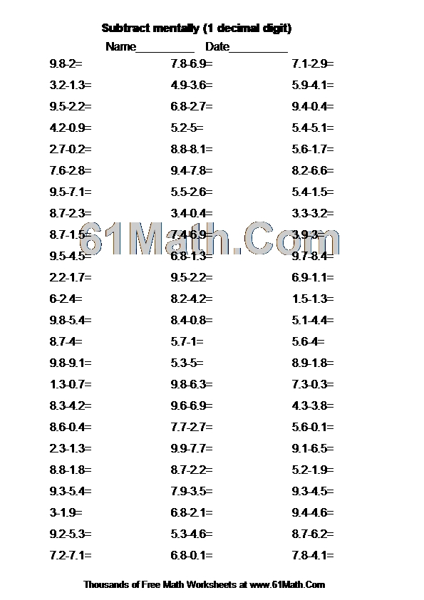 Subtract mentally (1 decimal digit)