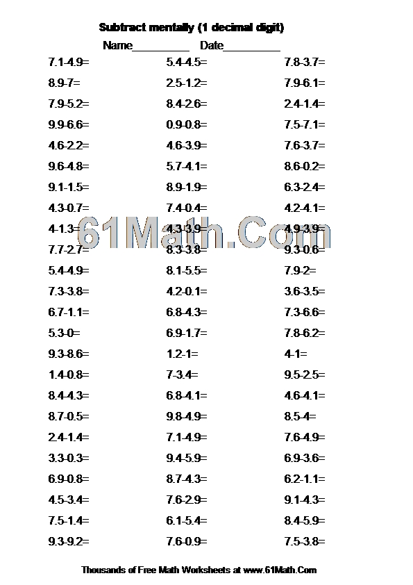 Subtract mentally (1 decimal digit)