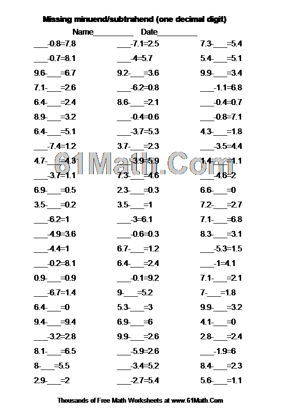 Missing minuend/subtrahend (one decimal digit)