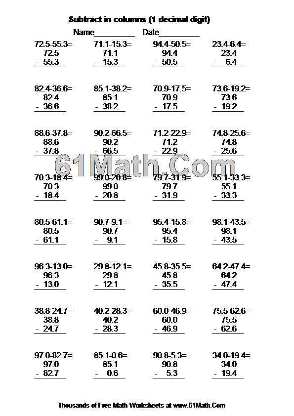 Subtract in columns (1 decimal digit)