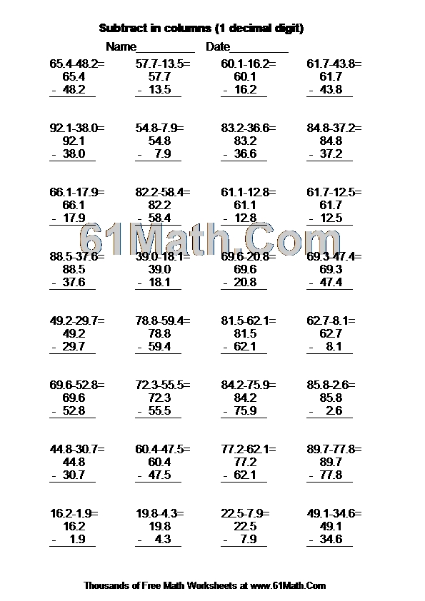 Subtract in columns (1 decimal digit)