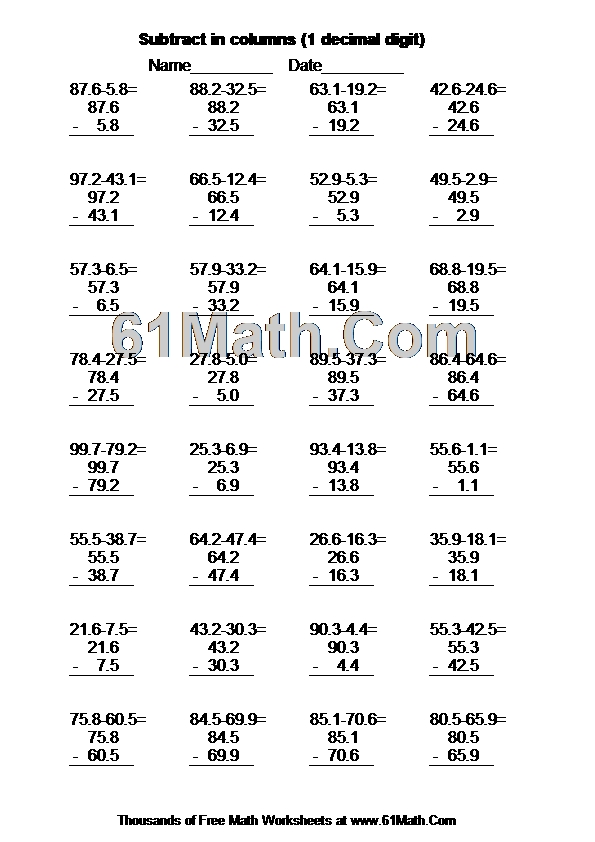 Subtract in columns (1 decimal digit)