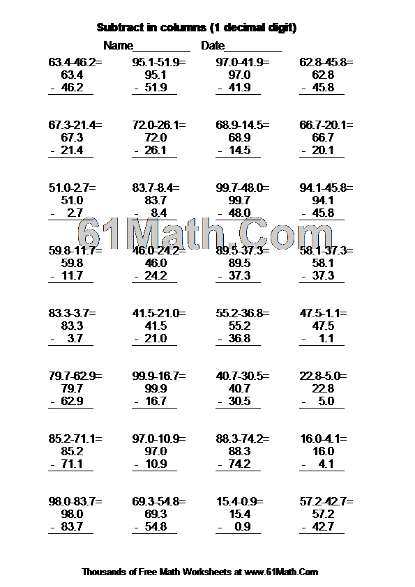 Subtract in columns (1 decimal digit)