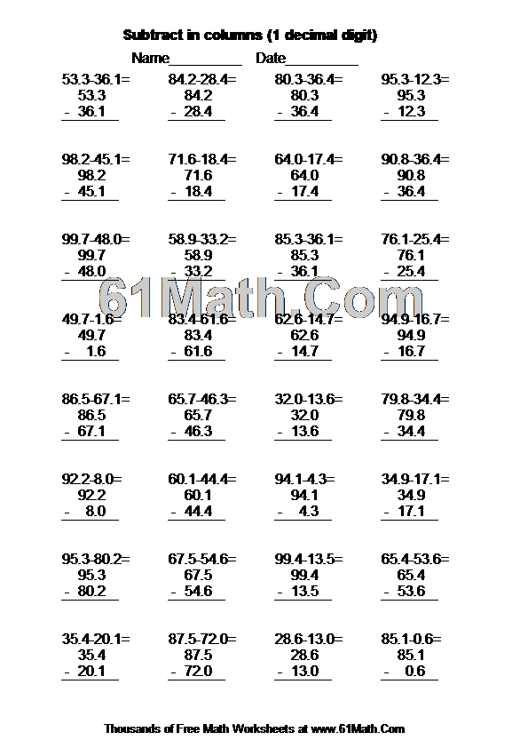 Subtract in columns (1 decimal digit)
