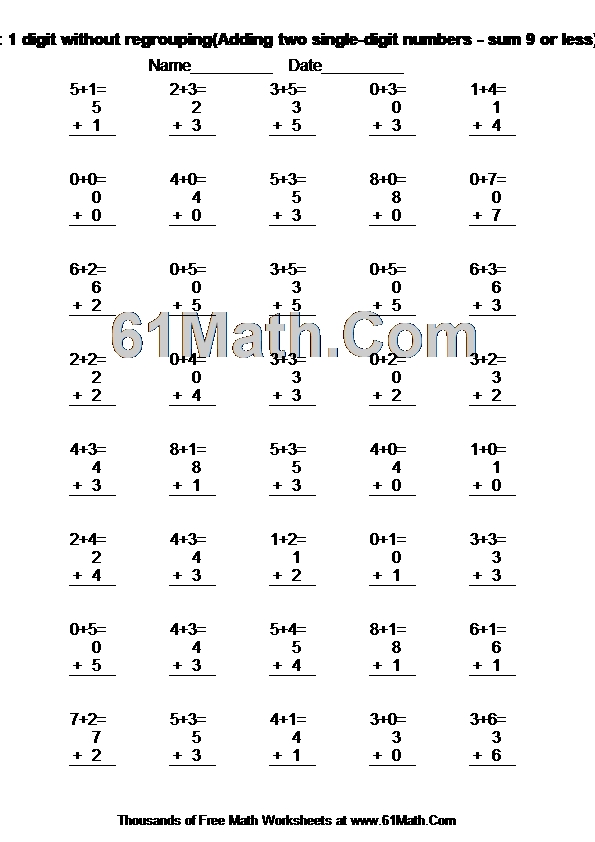 Addition: 1 digit without regrouping(Adding two single-digit numbers - sum 9 or less)