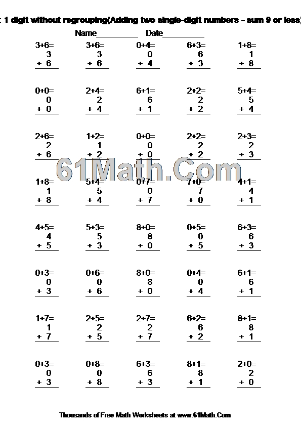Addition: 1 digit without regrouping(Adding two single-digit numbers - sum 9 or less)