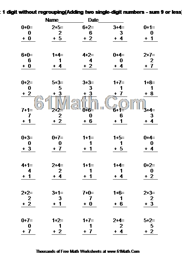 Addition: 1 digit without regrouping(Adding two single-digit numbers - sum 9 or less)