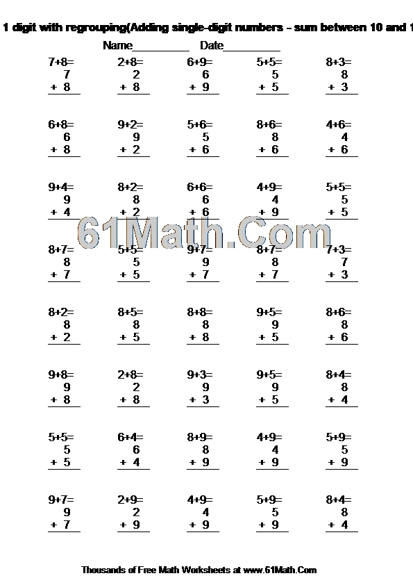 Addition: 1 digit with regrouping(Adding single-digit numbers - sum between 10 and 18)