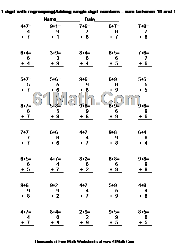 Addition: 1 digit with regrouping(Adding single-digit numbers - sum between 10 and 18)