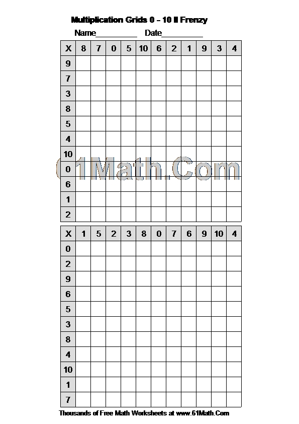Multiplication Grids 0 - 10 II Frenzy