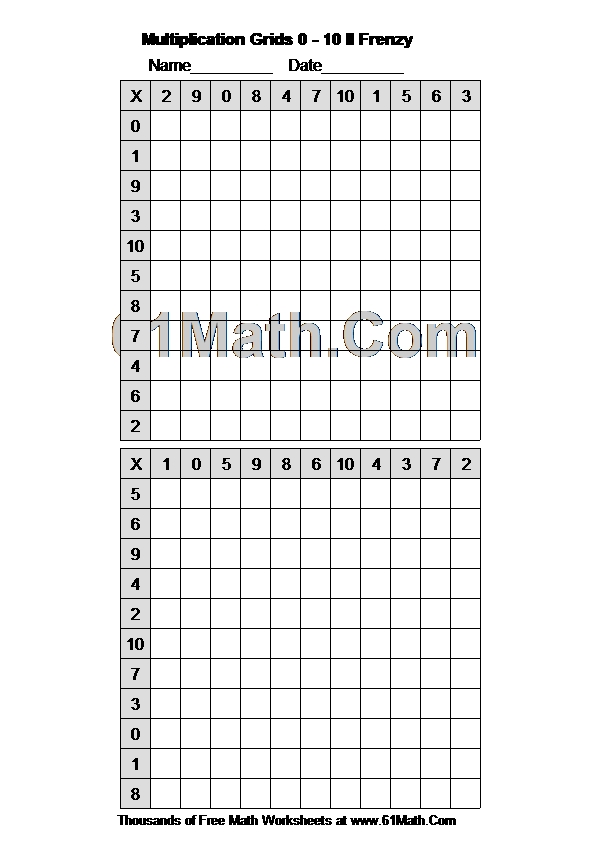 Multiplication Grids 0 - 10 II Frenzy