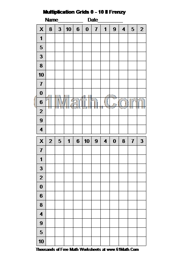 Multiplication Grids 0 - 10 II Frenzy