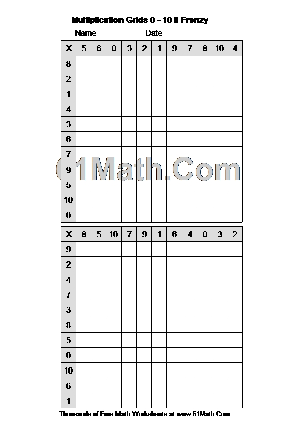 Multiplication Grids 0 - 10 II Frenzy