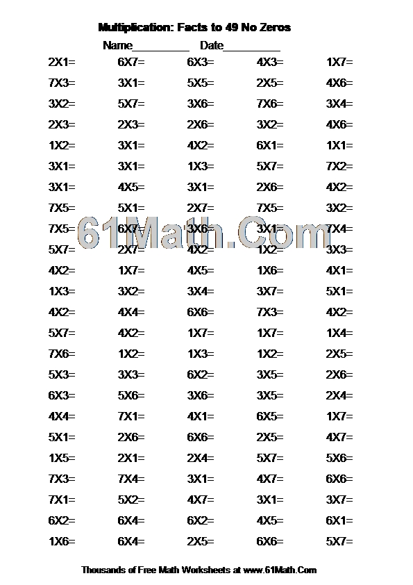 Multiplication: Facts to 49 No Zeros