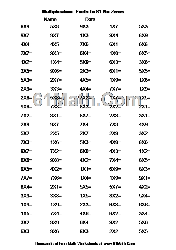 Multiplication: Facts to 81 No Zeros