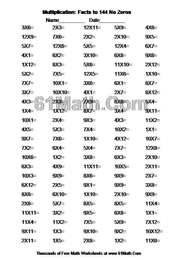 Multiplication: Facts to 144 No Zeros