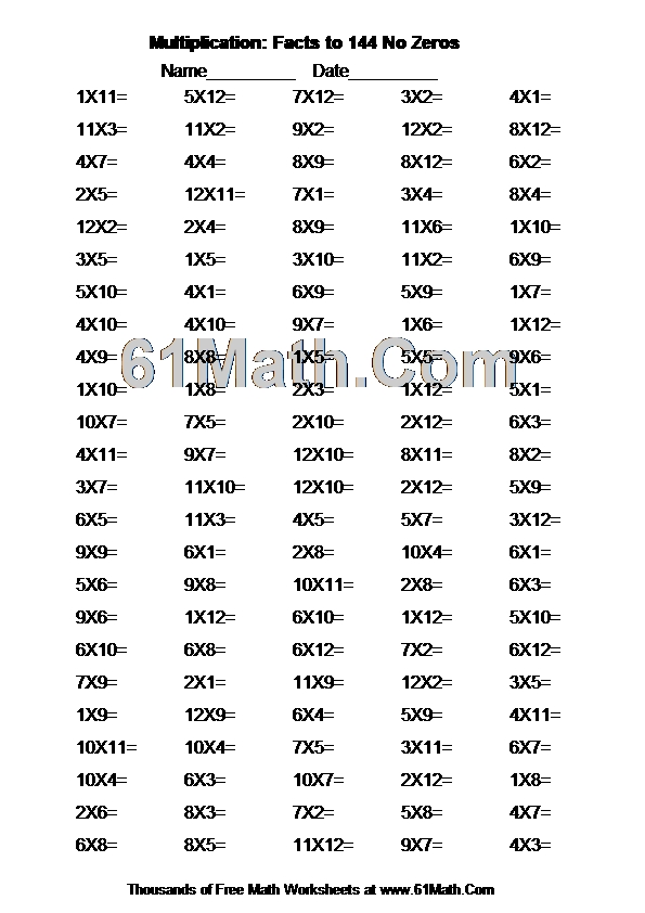 Multiplication: Facts to 144 No Zeros