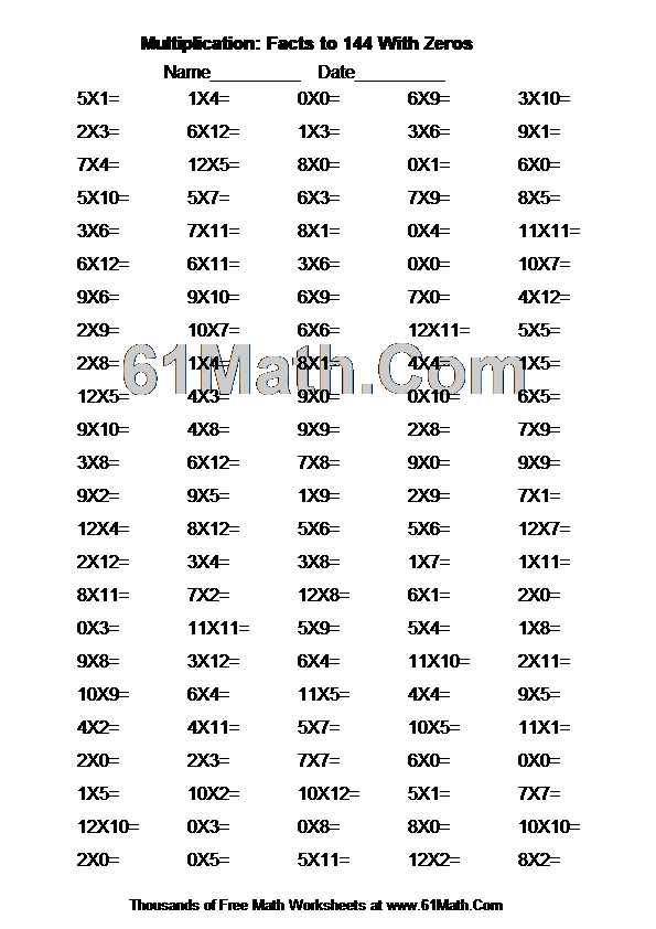 Multiplication: Facts to 144 With Zeros