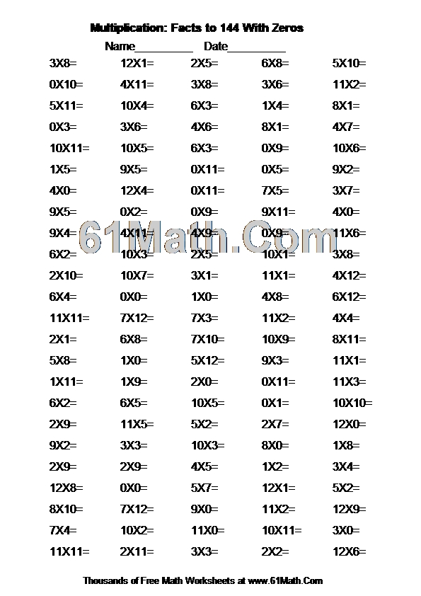 Multiplication: Facts to 144 With Zeros