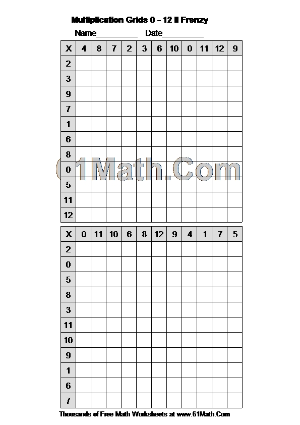 Multiplication Grids 0 - 12 II Frenzy