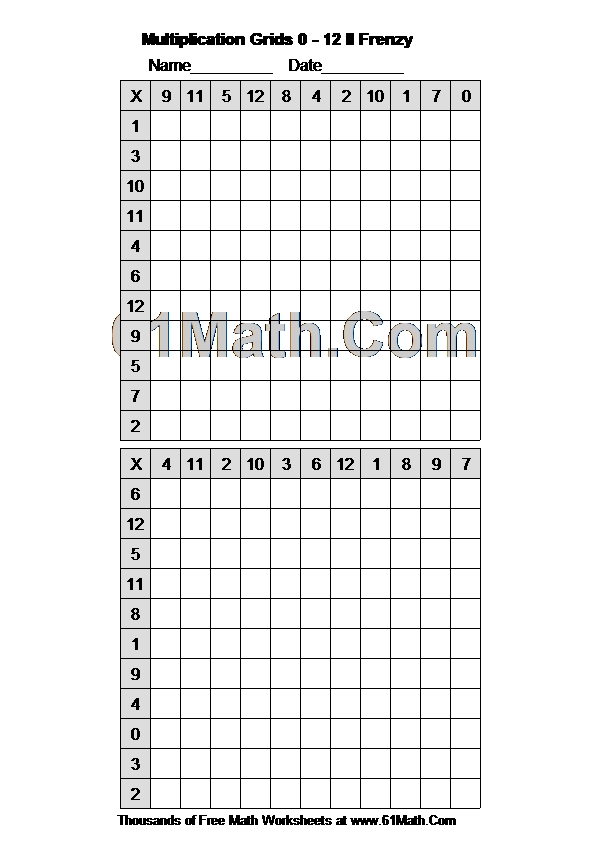 Multiplication Grids 0 - 12 II Frenzy