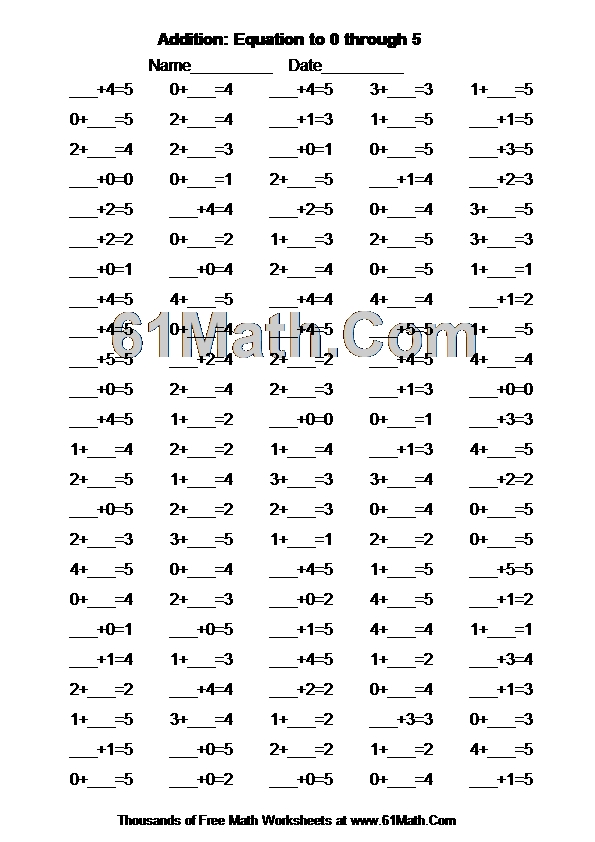 Addition: Equation to 0 through 5