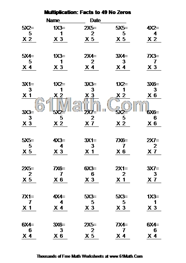 Multiplication: Facts to 49 No Zeros