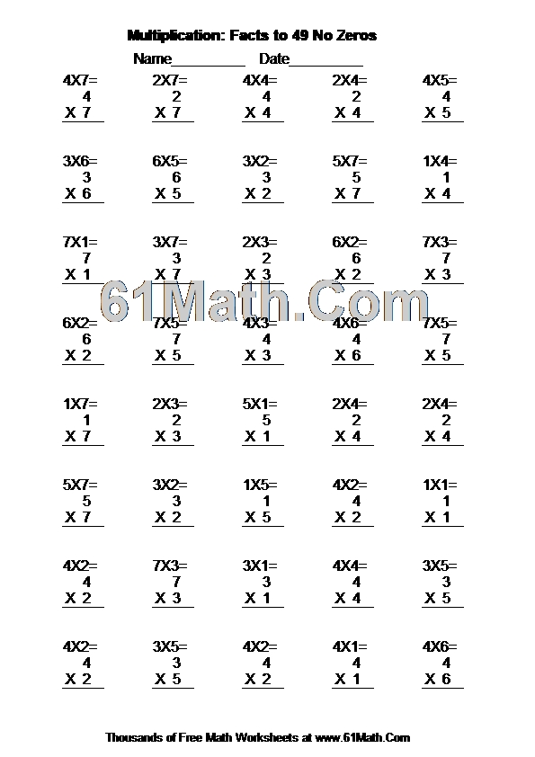 Multiplication: Facts to 49 No Zeros
