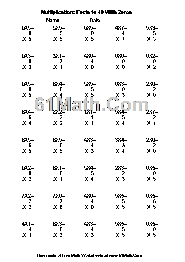 Multiplication: Facts to 49 With Zeros