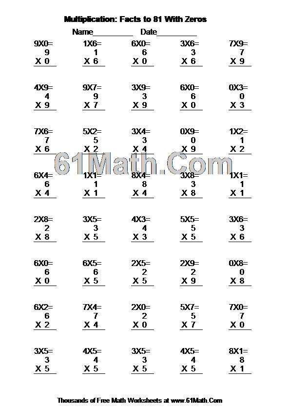 Multiplication: Facts to 81 With Zeros