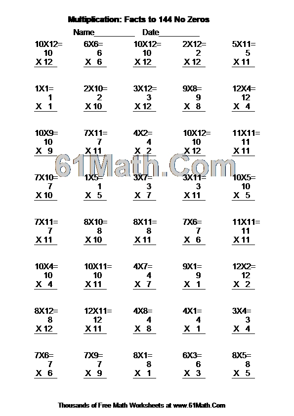 Multiplication: Facts to 144 No Zeros