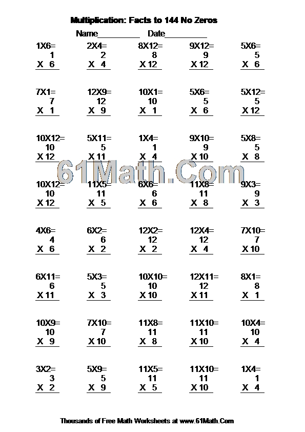 Multiplication: Facts to 144 No Zeros