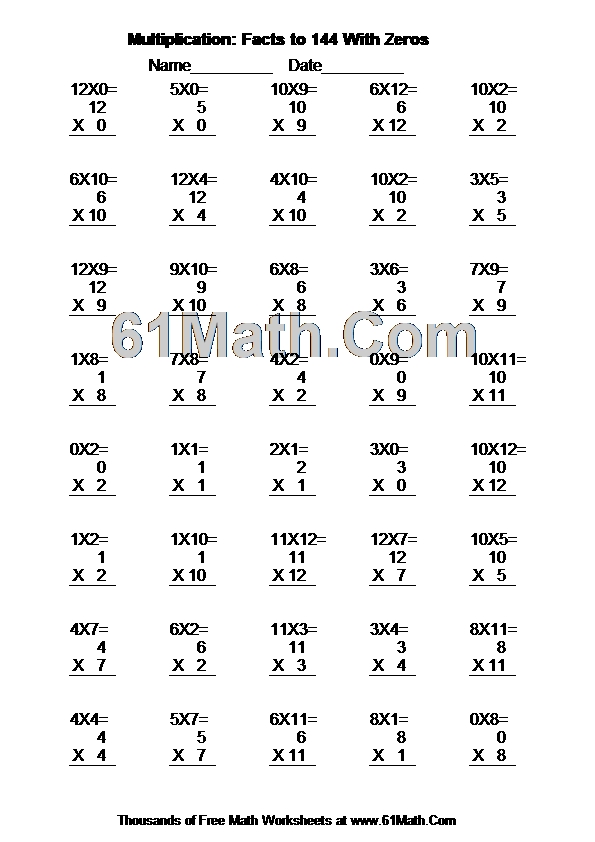 Multiplication: Facts to 144 With Zeros